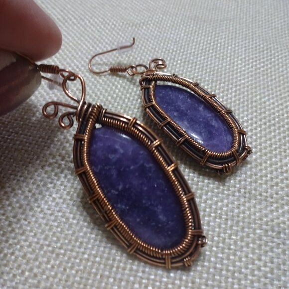 Rustic LEPIDOLITE MICA Handmade COPPER WIRE-WRAPPED Dangle Earrings #224C - Picture 2 of 3